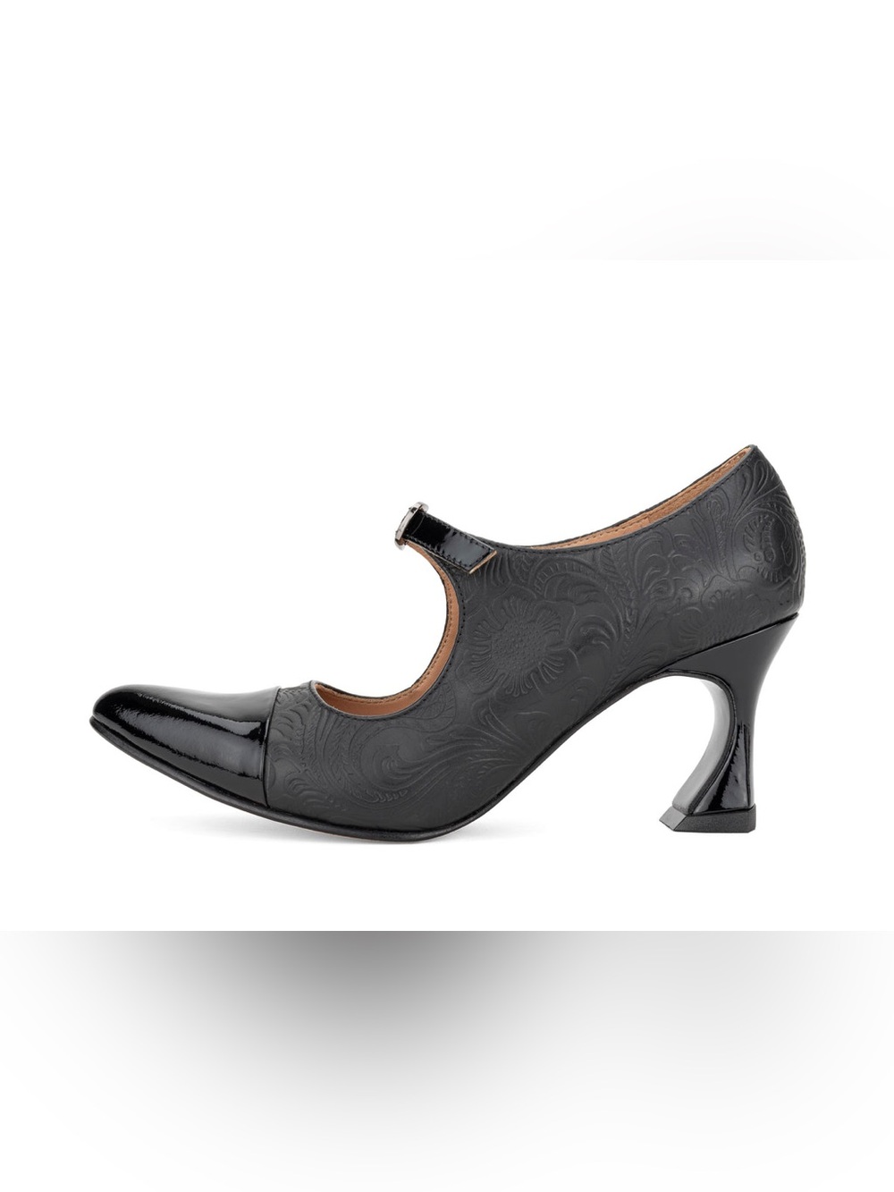 John Fluevog Malala Big Presence Black Embossed Leather Mary Jane Heels 7